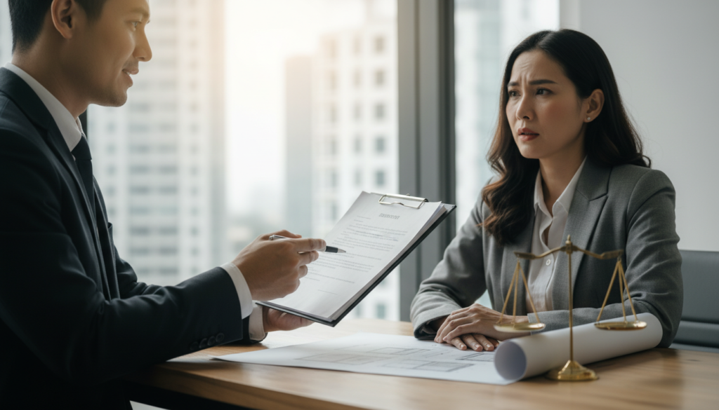 Advogado e cliente revisando contrato de distrato de multipropriedade