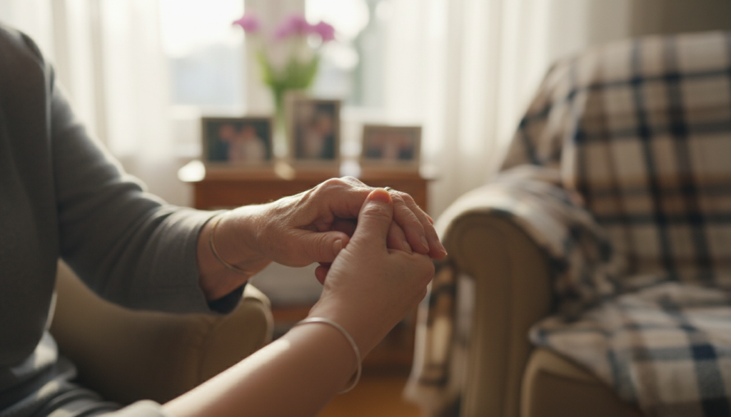 Mãos de curador e idoso entrelaçadas, simbolizando cuidado e responsabilidade legal na curatela.