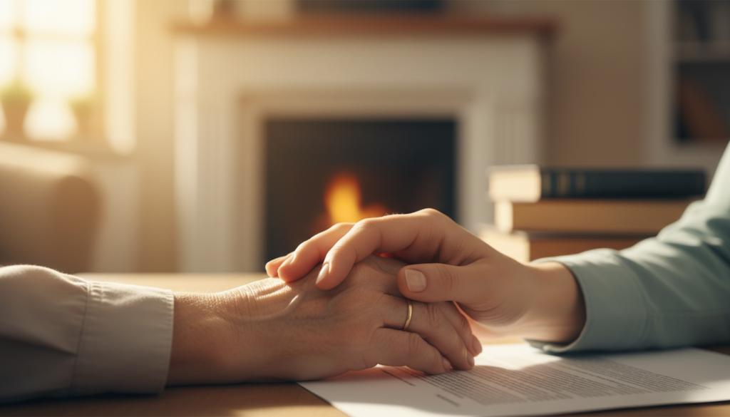 Mão de um curador segurando a mão de um idoso, representando o suporte e a proteção legal na interdição de idosos.