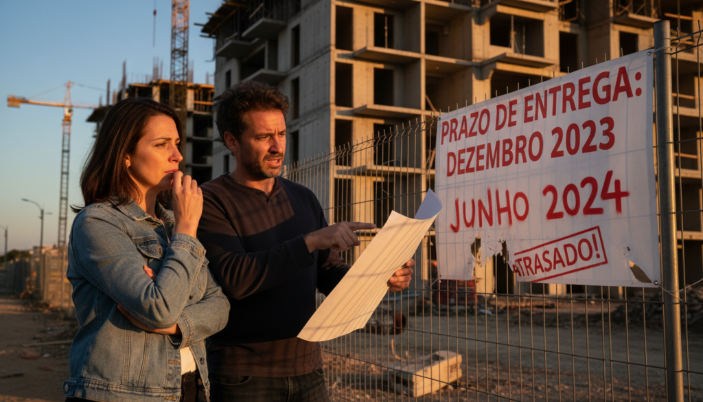 Casal preocupado com atraso na obra, contrato de imóvel, construção inacabada, direitos do consumidor imobiliário, indenização por atraso, construtora.
