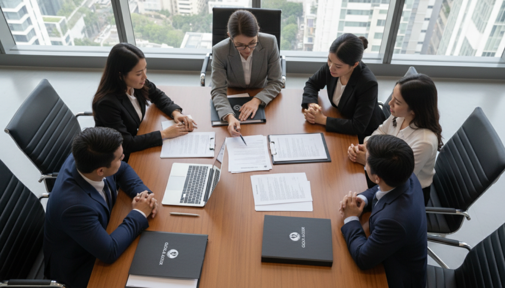 Grupo de empresários e advogados revisando um contrato de aluguel comercial complexo em uma mesa de reunião, focando em cláusulas cruciais.