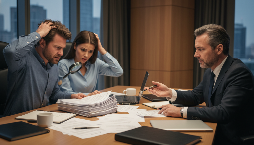 Advogado de Direito Imobiliário explicando contrato a casal, riscos de distrato e atraso