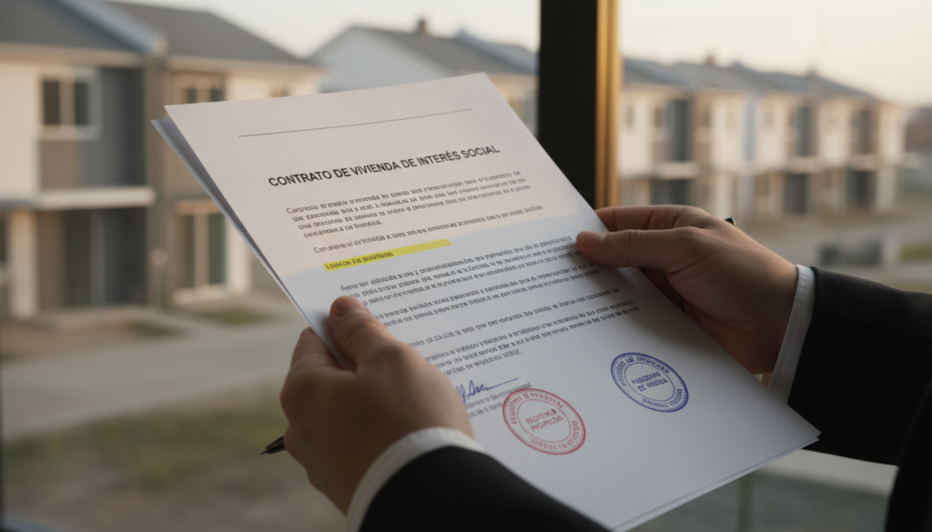 Mãos segurando documentos legais sobre devolução de imóveis HIS e HMP, contratos de habitação, direitos e deveres imobiliários