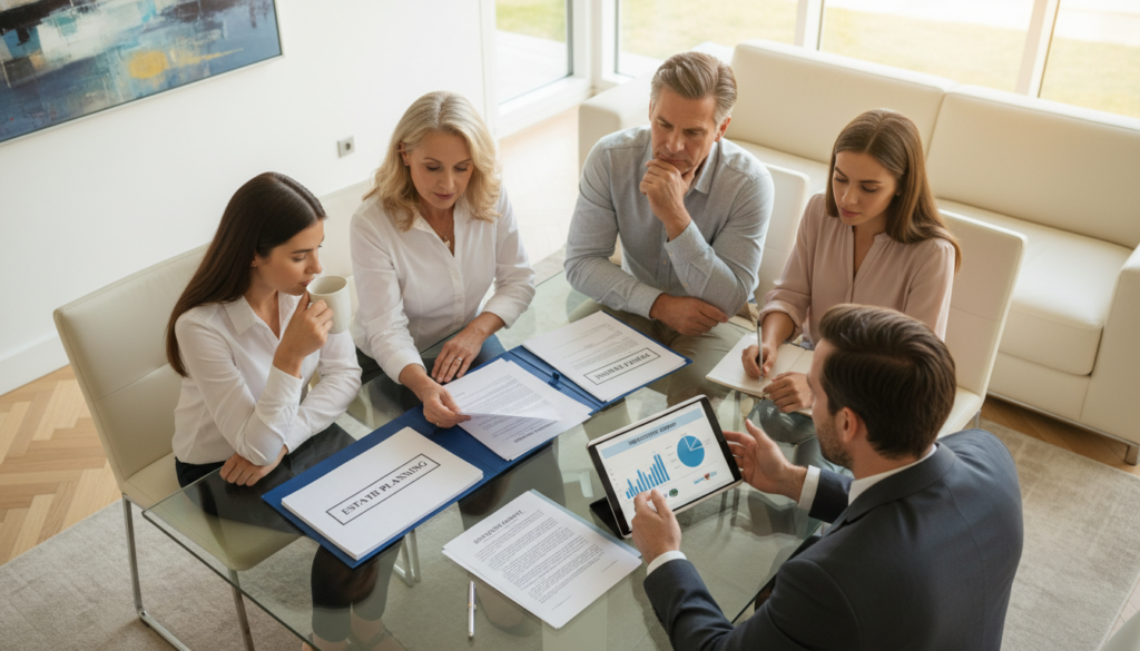 Família planejando o futuro financeiro e sucessório, com documentos e tablet na mesa