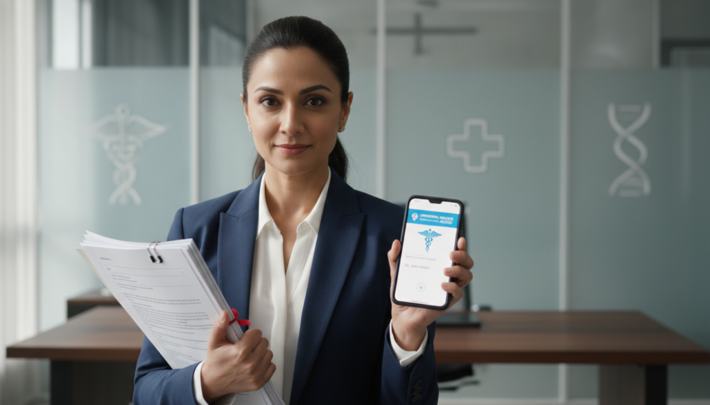Mulher com documentos do plano de saúde, pronta para contestar uma negativa indevida.