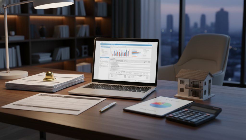 Mesa com documentos fiscais, laptop e modelo de casa, representando a estratégia de Holding Imobiliária para otimização de impostos.