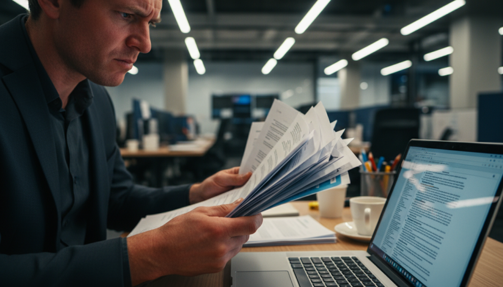 Mulher frustrada com documentos de plano de saúde após negativa abusiva