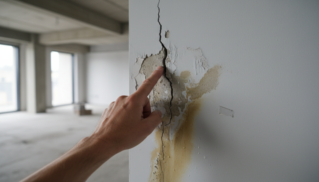 Rachadura grave em parede, vício construtivo, umidade no imóvel