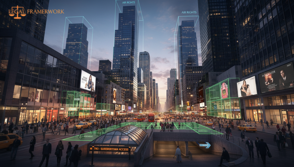 Paisagem urbana verticalizada com sobreposição de solo, subsolo e espaço aéreo, representando direitos de construção e exploração imobiliária.