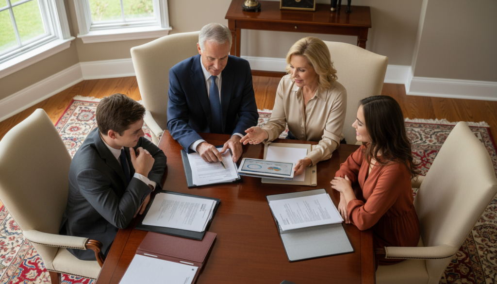 Família discutindo planejamento sucessório e patrimonial com documentos sobre a mesa, representando a Holding Familiar.