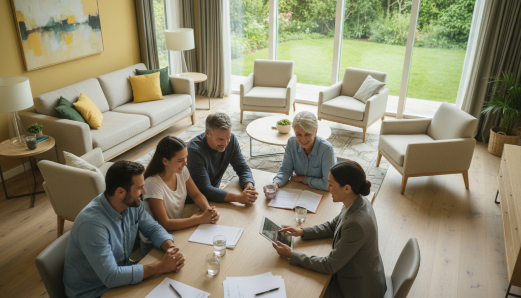 Família sorrindo com consultor financeiro revisando documentos de planejamento sucessório eficaz