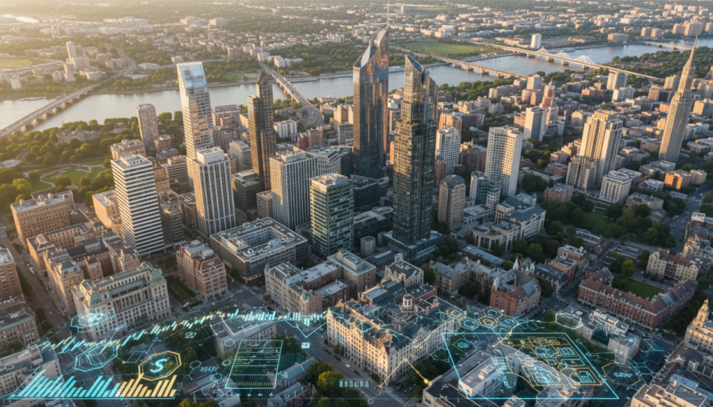 Cidade com arranha-céus e edifícios históricos, simbolizando o potencial construtivo em jogo e a gestão urbana por OODC e TDC.