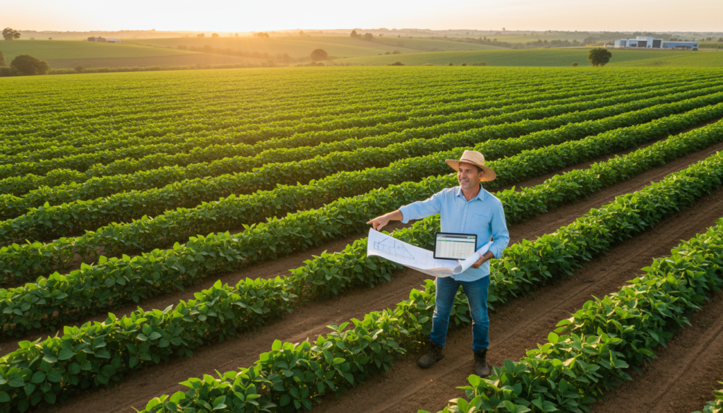 Homem agricultor planejando finanças em plantação, Crédito Rural Flexível