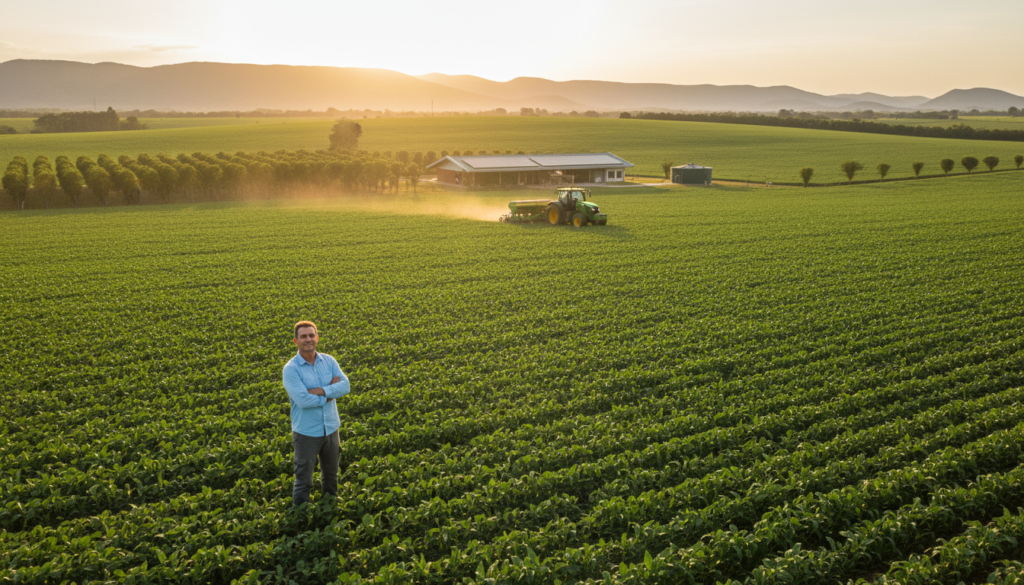 Produtor rural sorridente em lavoura, simbolizando gestão eficiente do crédito rural, carência e aumento de prazo