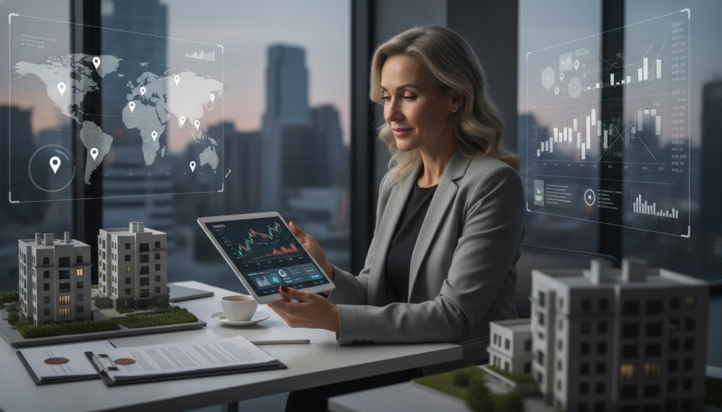 Locador profissional com tablet analisando documentos, representando desafios e oportunidades no direito imobiliário e estruturação societária, com foco na revolução do IVA no Brasil.