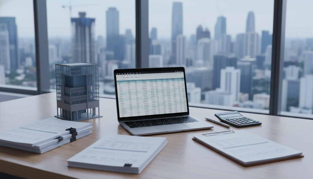 Documentos de Direito Tributário Imobiliário em mesa de escritório