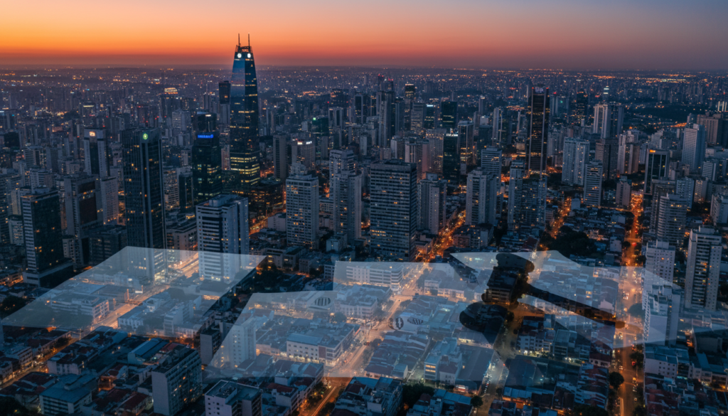 Cenário urbano de São Paulo com prédios e documentos legais, simbolizando a suspensão do zoneamento pelo Ministério Público e seus efeitos em HIS e HMP.