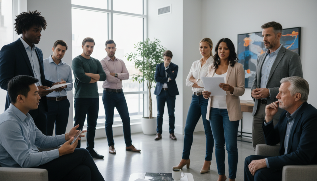 Grupo de moradores discutindo problemas com condômino antissocial em área comum do prédio, buscando uma solução para o conflito.