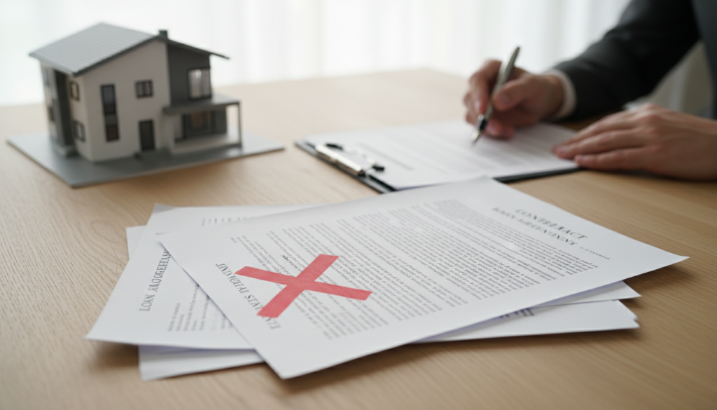 Documentos com X vermelho simbolizando irregularidades que impedem o financiamento imobiliário