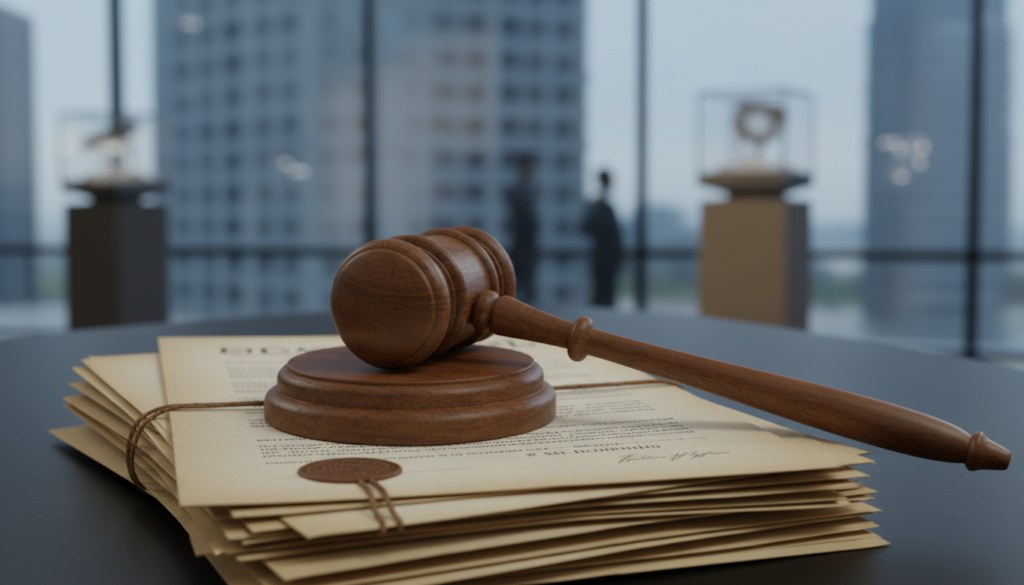 Martelo de juiz e documentos legais sobre mesa de madeira, simbolizando Leilão de Imóveis na Alienação Fiduciária.