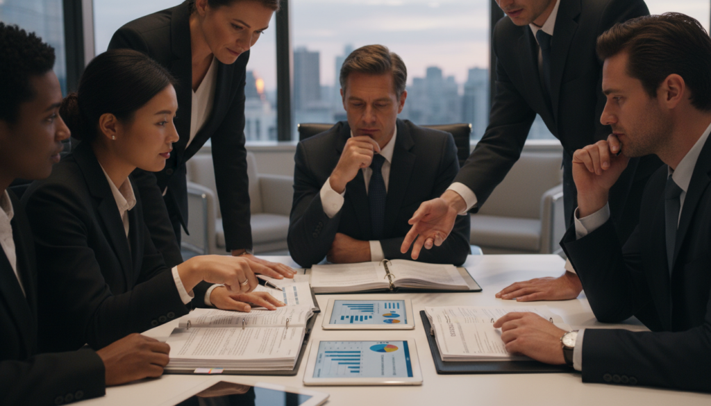Múltiplos credores, advogados e financistas examinando contratos de alienação fiduciária e o novo marco legal de garantias.