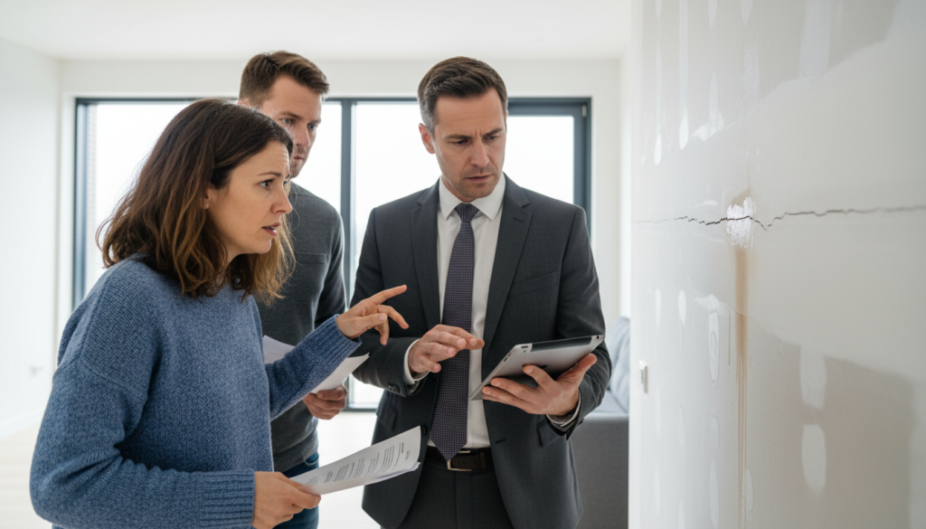 Homem apontando para rachadura e mancha de água em parede de apartamento novo, simbolizando vícios construtivos.