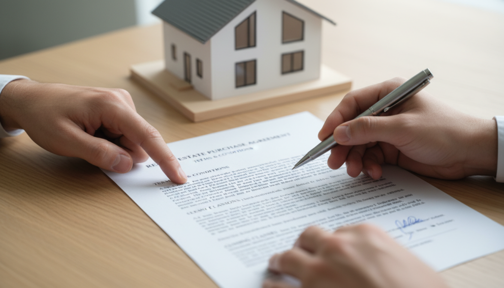 Pessoas lendo um contrato de administração de imóveis com modelo de casa ao fundo, simbolizando a relação jurídica entre proprietário e administradora e a aplicabilidade do CDC.