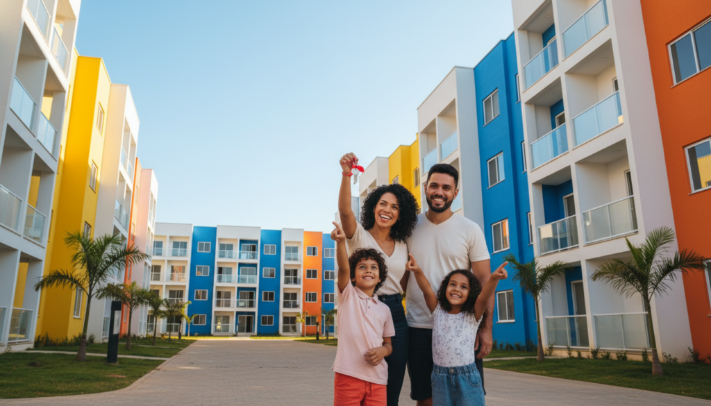 Família brasileira feliz com chaves de casa Minha Casa, Minha Vida 2026