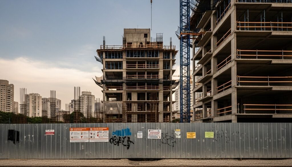 Edifício em construção com tapume e guindaste em São Paulo, cenário do novo licenciamento declaratório Licencia Sampa