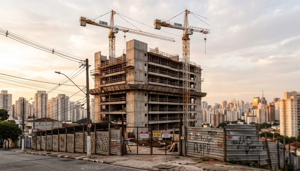 Canteiro de obra paralisado com gruas imoveis diante do skyline de Sao Paulo, ilustrando o travamento do zoneamento apos a decisao do TJSP