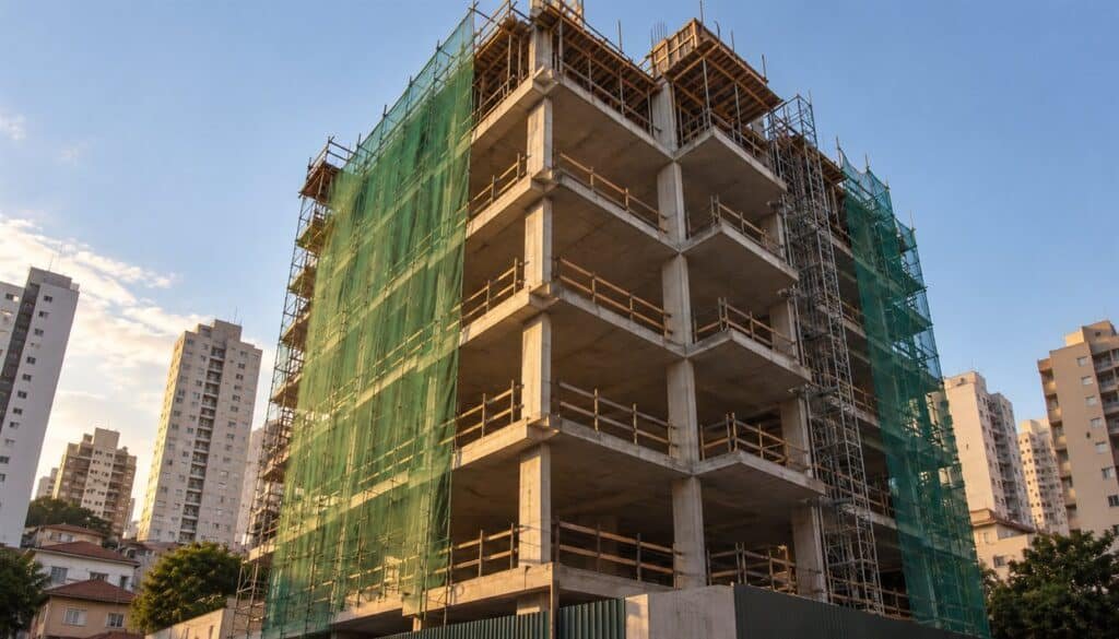 Prédio em construção em São Paulo com estrutura de concreto aparente e andaimes metálicos